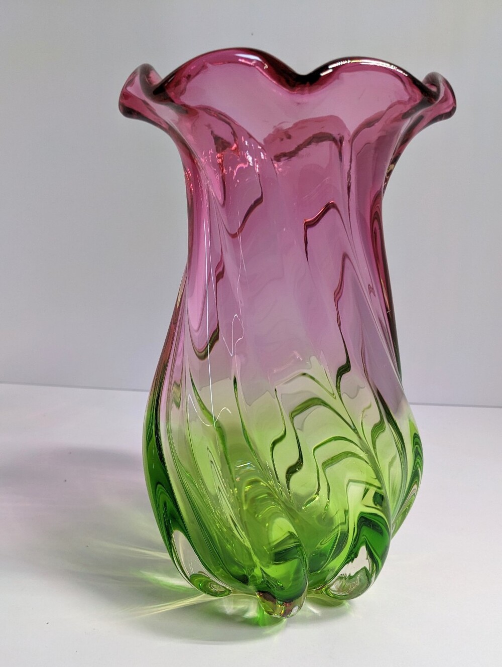Vintage Teleflora Watermelon Art Glass Vase 1990's Cranberry Pink & Green 7.75"
